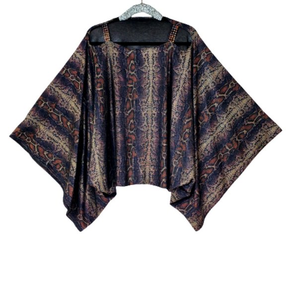Boho Python Tunic Flowy  Batwing Top with Open Sleeves & Swrk. Crystals. - Picture 3 of 5